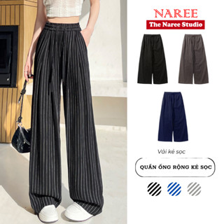 Quần Ống Đứng Nữ Kẻ Sọc Cạp Chun Cao NAREE Có Dây Rút Túi Sườn, Quần Dài Ống Suông Rộng BigSize 412M