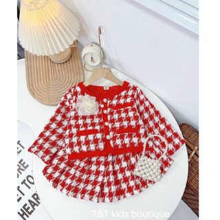 Xả Set áo kèm chân váy dạ ziczac đỏ hoa trà cho bé gái