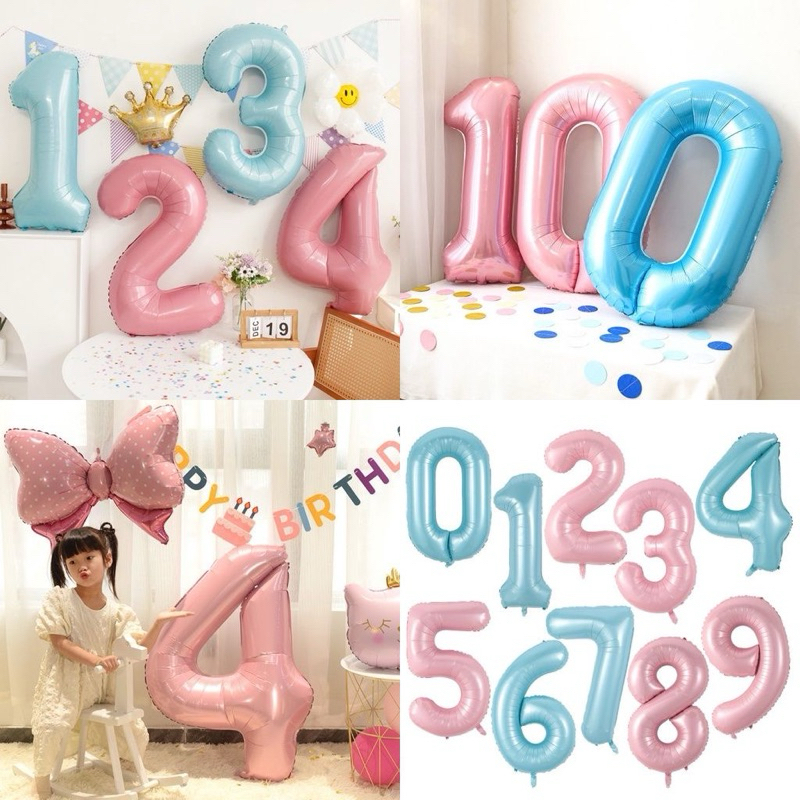 [KÈM ỐNG THỔI - SIZE 70CM] Bóng Nhôm Số Tuổi Từ 0-9 Màu Xanh Dương, Hồng Nhạt Pastel Dễ Thương - Bóng Kiếng Số Tuổi Trơn