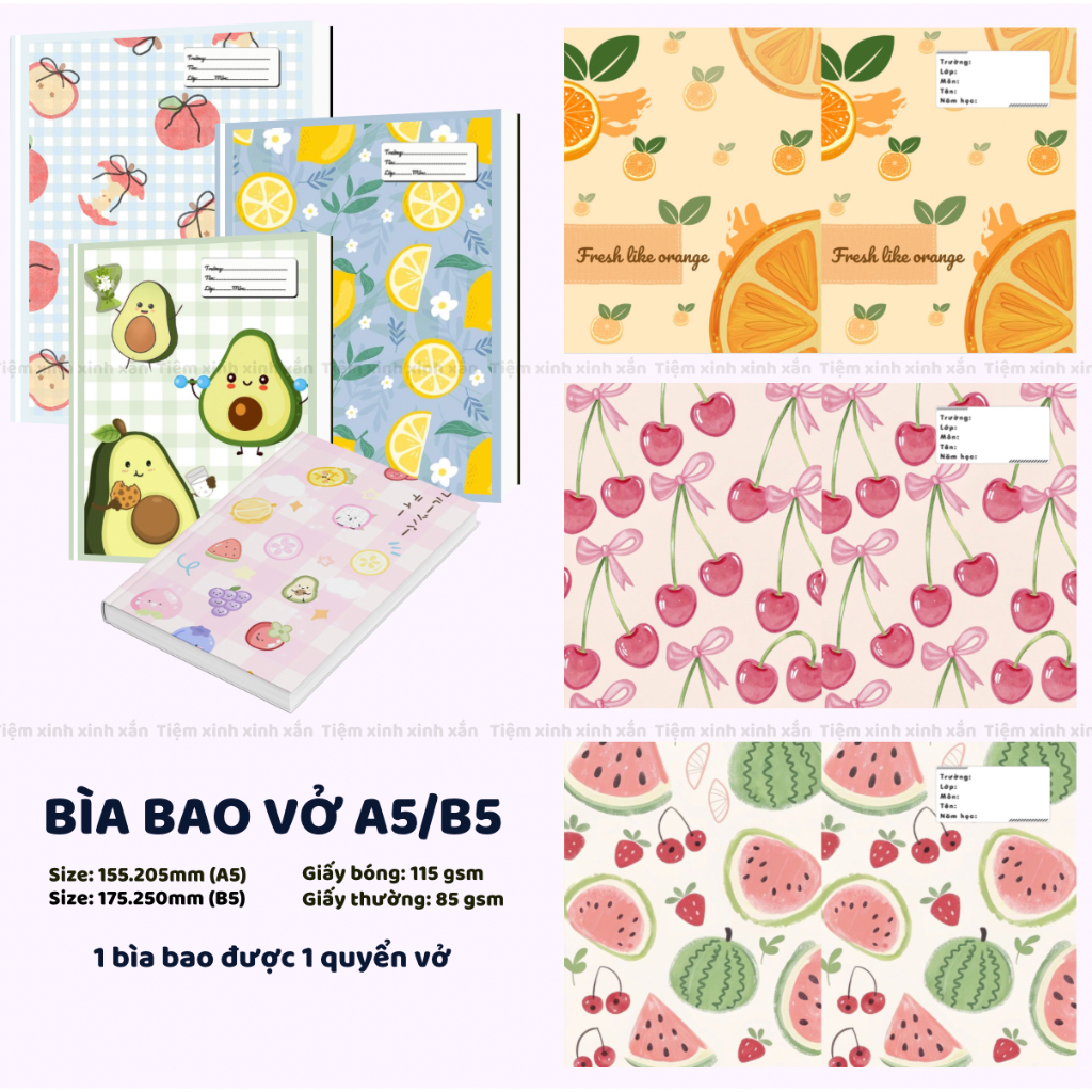 Giấy bao tập A5/B5 hoạ tiết trái cây, A5 (Vở học sinh), B5 (Vở sinh viên), hình in rõ nét- Tiệm xinh