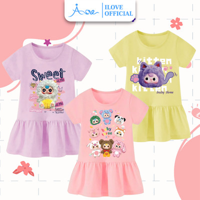 [MỚI] Váy ĐUÔI CÁ cộc tay cho bé gái AORE, Váy in hình BABYTHREE ngộ nghĩnh, chất cotton thoáng mát mặc hè 8-34kg