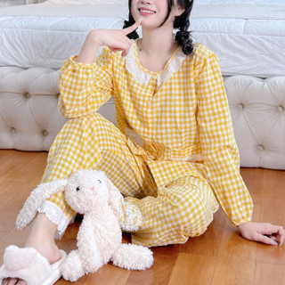 Bộ Đồ Ngủ Kẻ Caro Cổ Tròn 2 Bọc Xinh Xắn Áo Tay Dài Quần Dài CÓ CẢ BIG SIZE Nhà Pink