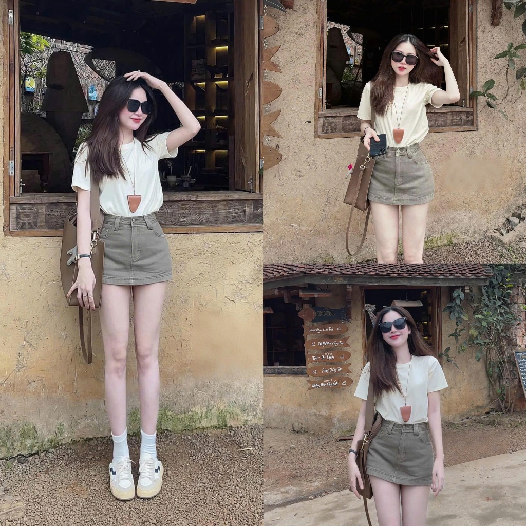 Chân váy jeans ngắn chữ A lưng cao, váy bò túi tròn