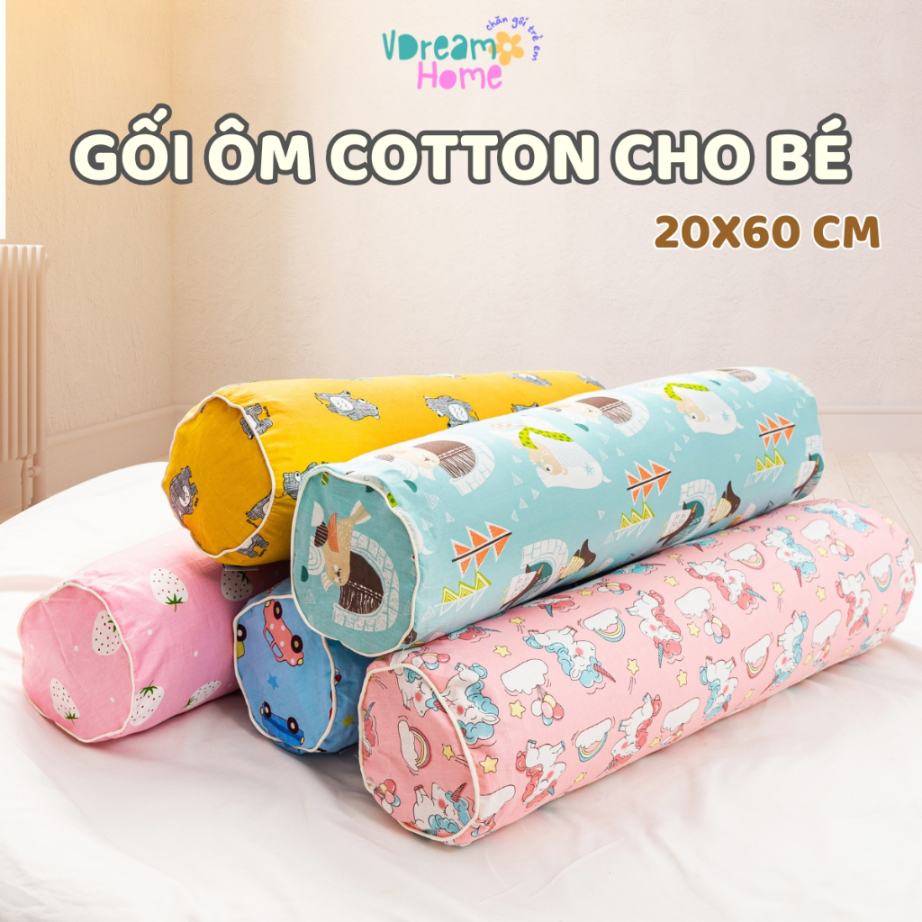 Gối Ôm Cho Bé Dài 60 cm, Vỏ Gối Ôm Trẻ Em Khóa Kéo Cotton 100% Thoáng Mát Phù Hợp Bé Từ 1 Đến 6 Tuổi