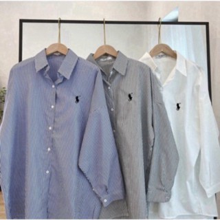 Áo sơ mi trắng, Áo sơ mi kẻ sọc thêu logo ngựa dài tay túi ngực , SƠ MI NAM NỮ KẺ SỌC THÊU NGỰA KIỂU DÁNG HÀNG QUỐC