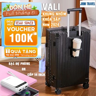 Vali khung nhôm khóa sập JIRM TRAVEL - mẫu mới có giá để cốc, size 20/24/28,TẶNG KÈM bọc nhám chống xước