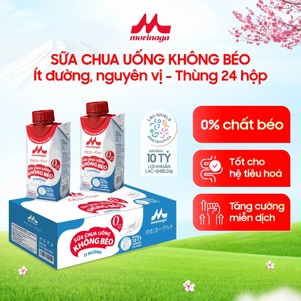  Thùng Sữa Chua Uống Không Béo Morinaga nguyên vị  24 hộp x 190ml - Ít đường & calo 10 tỷ lợi khuẩn - Tăng miễn dịch 