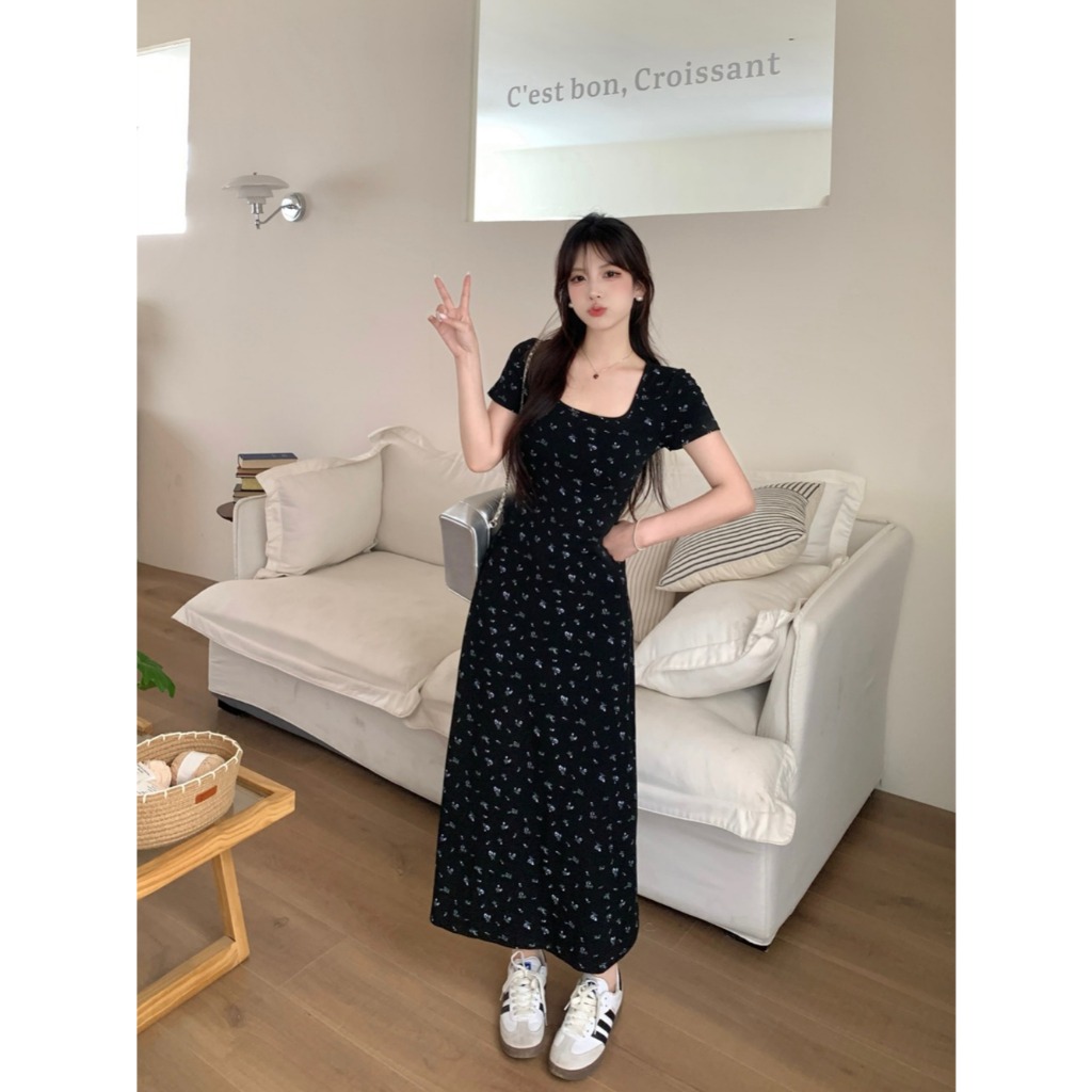 RICH-THEY Váy Đen Mùa Hè Hoa Mỏng Thanh Lịch Thời Trang Váy Ngắn Tay Mới-V201 | BigBuy360 - bigbuy360.vn