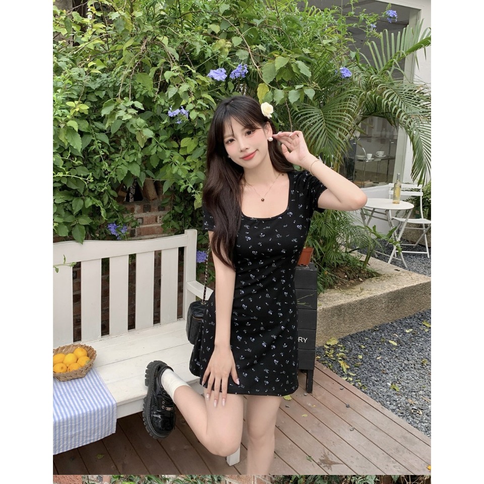 RICH-THEY Váy Đen Mùa Hè Hoa Mỏng Thanh Lịch Thời Trang Váy Ngắn Tay Mới-V201 | BigBuy360 - bigbuy360.vn