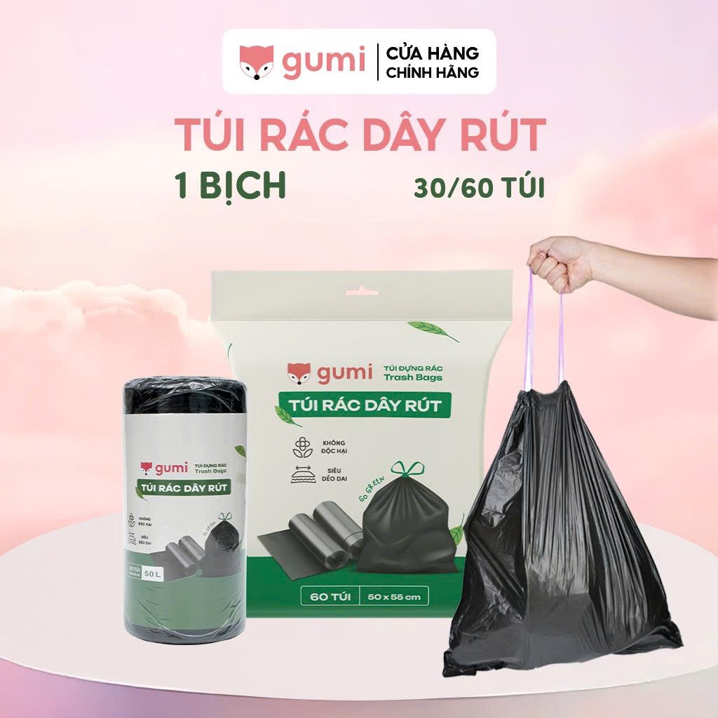 Túi rác Gumi túi đựng rác có dây rút tự phân huỷ bịch size 50x55cm/65x78cm túi đen đựng rác có quai