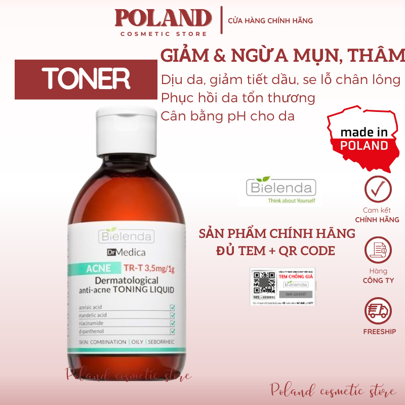 Toner cho da dầu mụn giúp làm sạch sâu & dịu da, giảm mụn, kiềm dầu nhờn Bielenda Dr Medica 250ml