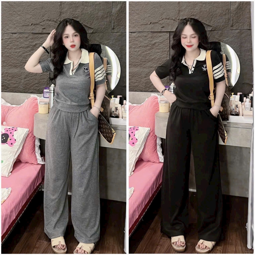 SET BỘ THUN TĂM CỔ TRỤ ÁO NGẮN TAY SỌC THÊU GẤU NHỎ SIÊU XINH PHỐI QUẦN ỐNG SUÔNG 2 MÀU | BigBuy360 - bigbuy360.vn