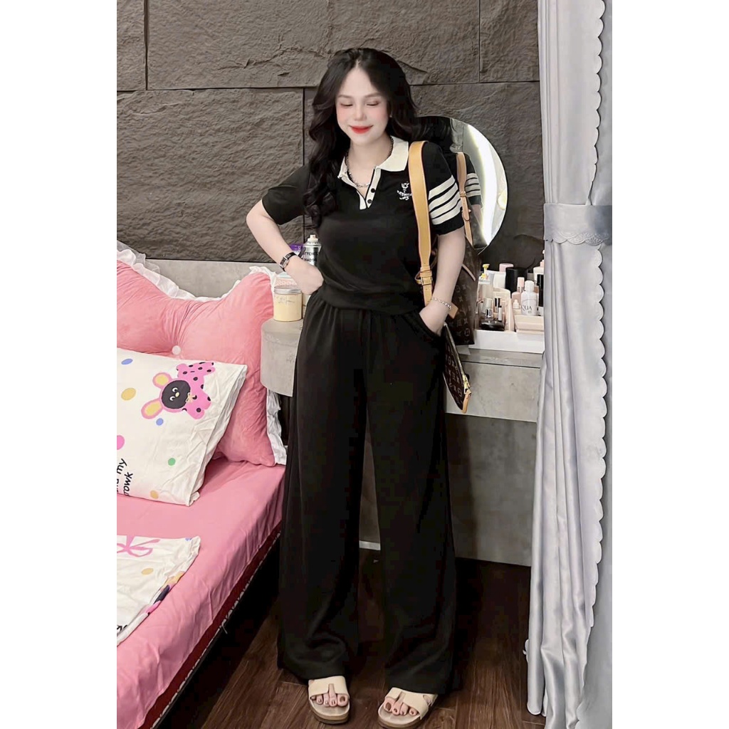 SET BỘ THUN TĂM CỔ TRỤ ÁO NGẮN TAY SỌC THÊU GẤU NHỎ SIÊU XINH PHỐI QUẦN ỐNG SUÔNG 2 MÀU | BigBuy360 - bigbuy360.vn