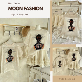 Set đồ nữ áo thun cổ tròn cộc tay in hình cô gái mix chân váy voan tầng trắng, đồ bộ nữ phong cách tiểu thư Hàn Quốc