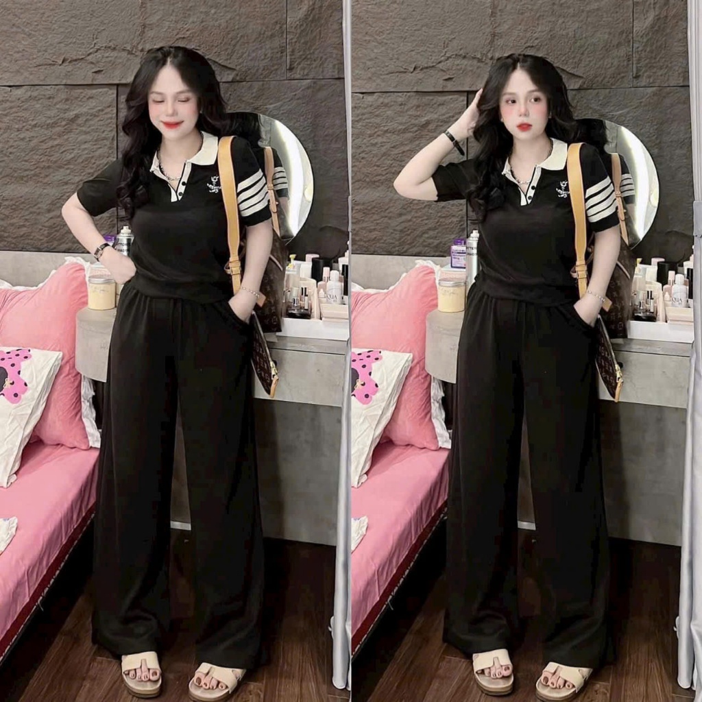 SET BỘ THUN TĂM CỔ TRỤ ÁO NGẮN TAY SỌC THÊU GẤU NHỎ SIÊU XINH PHỐI QUẦN ỐNG SUÔNG 2 MÀU | BigBuy360 - bigbuy360.vn