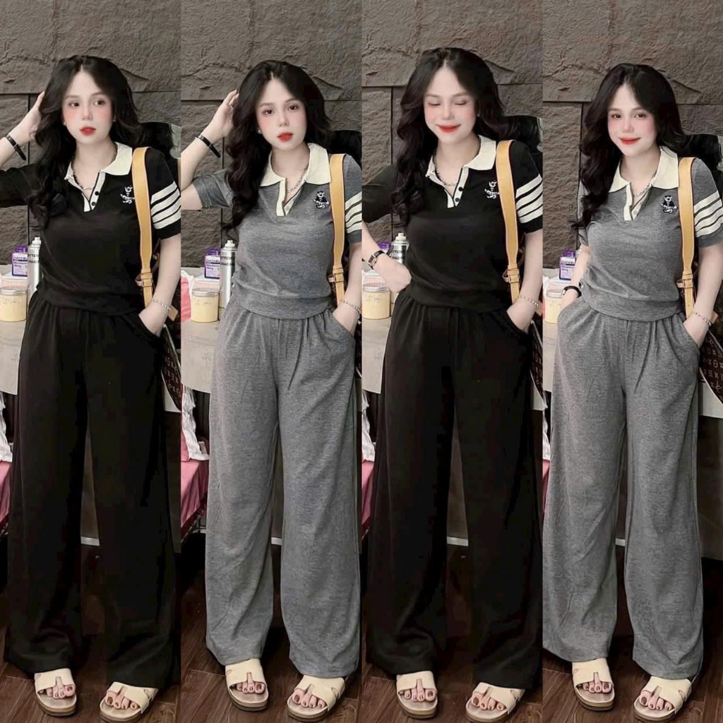 SET BỘ THUN TĂM CỔ TRỤ ÁO NGẮN TAY SỌC THÊU GẤU NHỎ SIÊU XINH PHỐI QUẦN ỐNG SUÔNG 2 MÀU | BigBuy360 - bigbuy360.vn