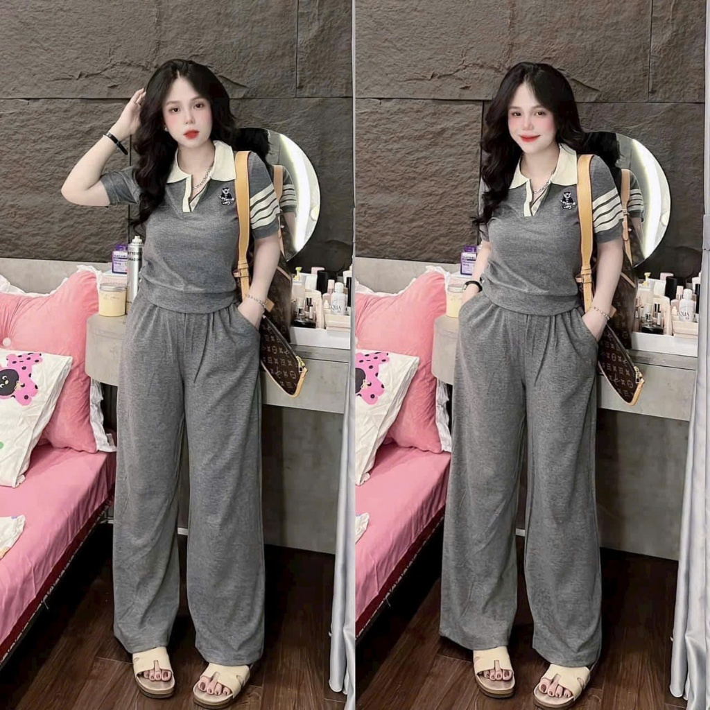 SET BỘ THUN TĂM CỔ TRỤ ÁO NGẮN TAY SỌC THÊU GẤU NHỎ SIÊU XINH PHỐI QUẦN ỐNG SUÔNG 2 MÀU | BigBuy360 - bigbuy360.vn