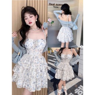 Đầm Nữ 2 dây rút cúp ngực chất voan in hoa xinh xắn đan dây ngực chéo sexy váy ngắn xoè xếp tầng kèm khoác gân ngoài