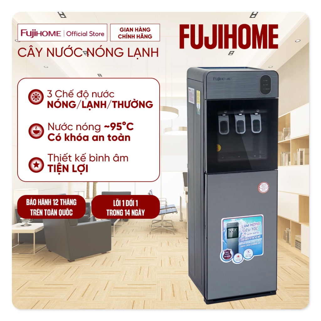 Cây nước nóng lạnh nhập khẩu Fujihome Nhâp khẩu, máy uống nước bình lọc âm 3 vòi tiết kiệm điệnt dispenser water