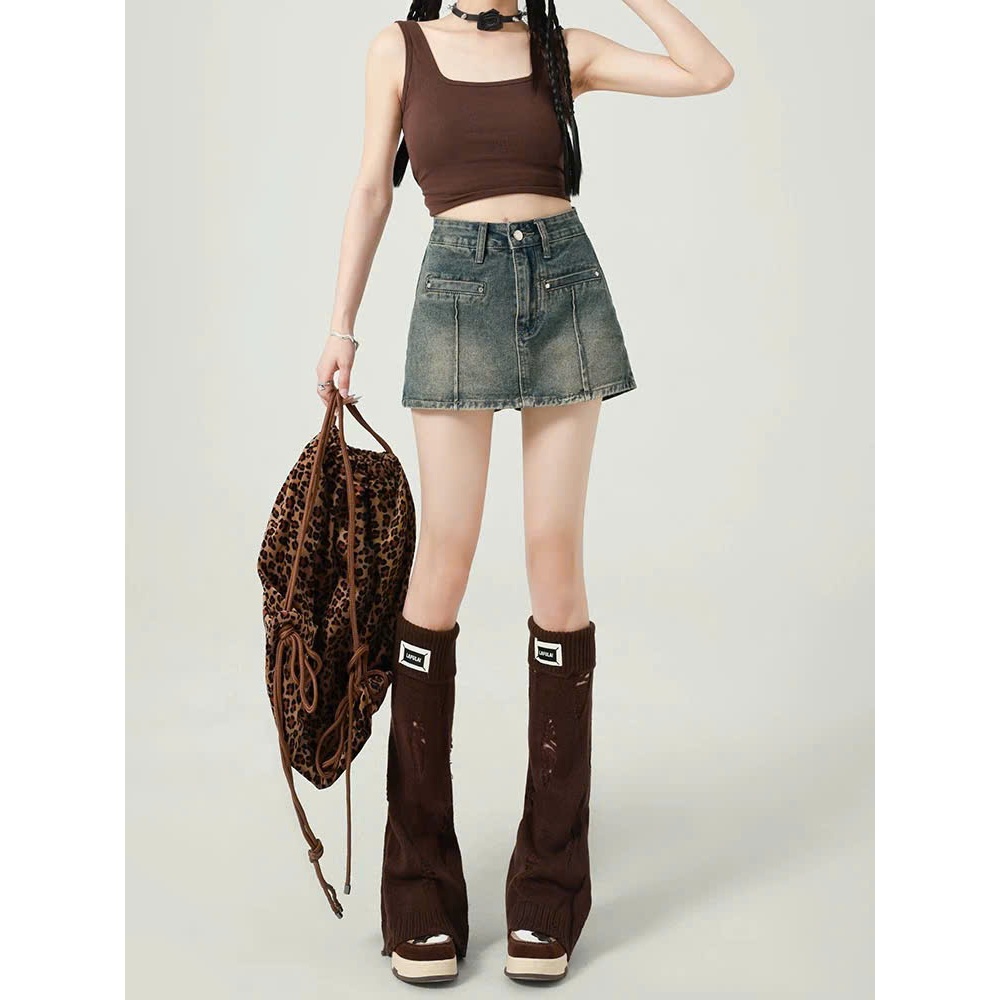 Quần short jeans giả váy dáng chữ A cạp cao tôn dáng màu xanh pha rêu retro thời trang ED07 | BigBuy360 - bigbuy360.vn