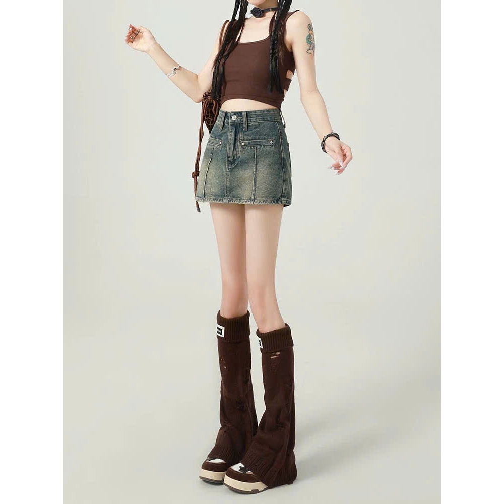 Quần short jeans giả váy dáng chữ A cạp cao tôn dáng màu xanh pha rêu retro thời trang ED07 | BigBuy360 - bigbuy360.vn
