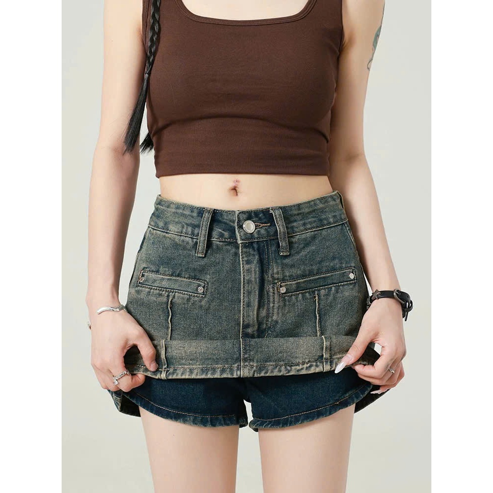 Quần short jeans giả váy dáng chữ A cạp cao tôn dáng màu xanh pha rêu retro thời trang ED07 | BigBuy360 - bigbuy360.vn