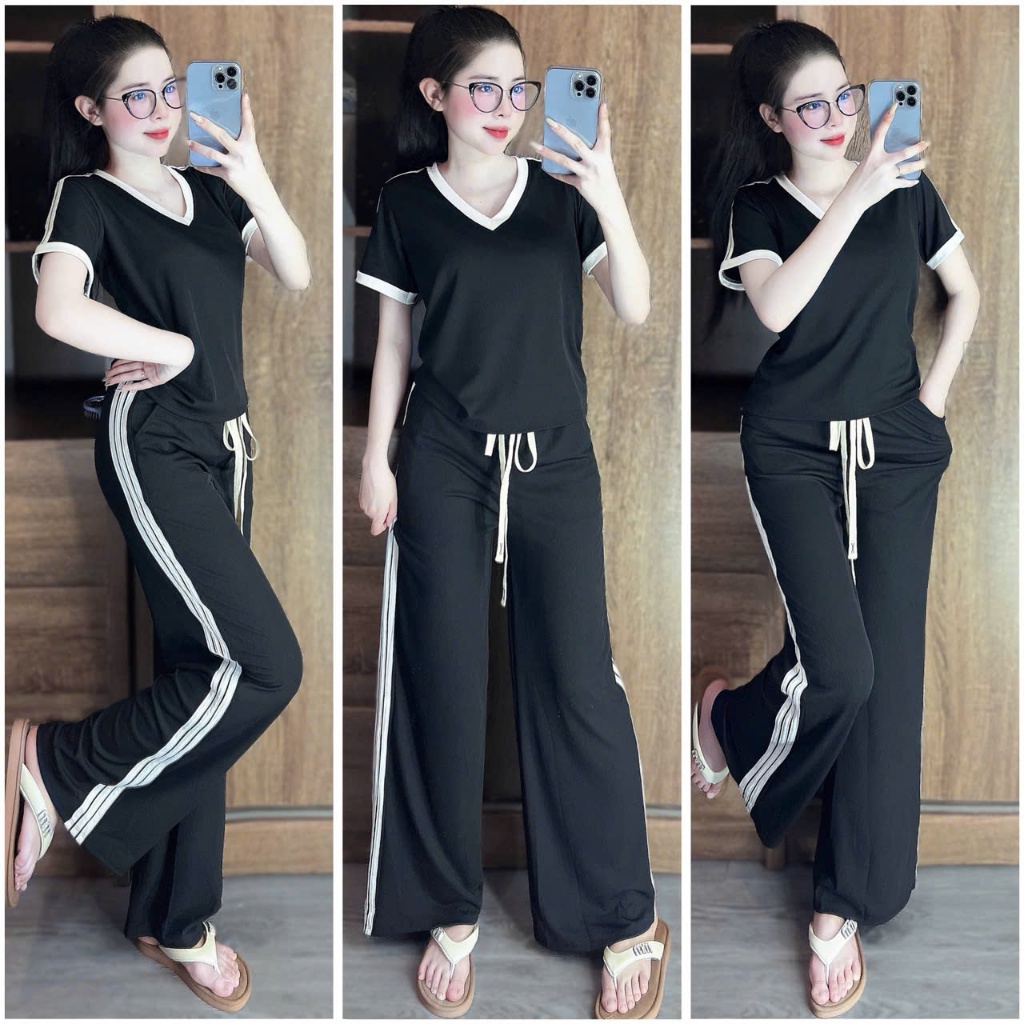 Set Bộ Thể Thao, ÁO CỔ TIM PHỐI VIỀN MIX QUẦN SUÔNG THOẢI MÁI NĂNG ĐỘNG BIGSIZE 2 MÀU Women Top | BigBuy360 - bigbuy360.vn