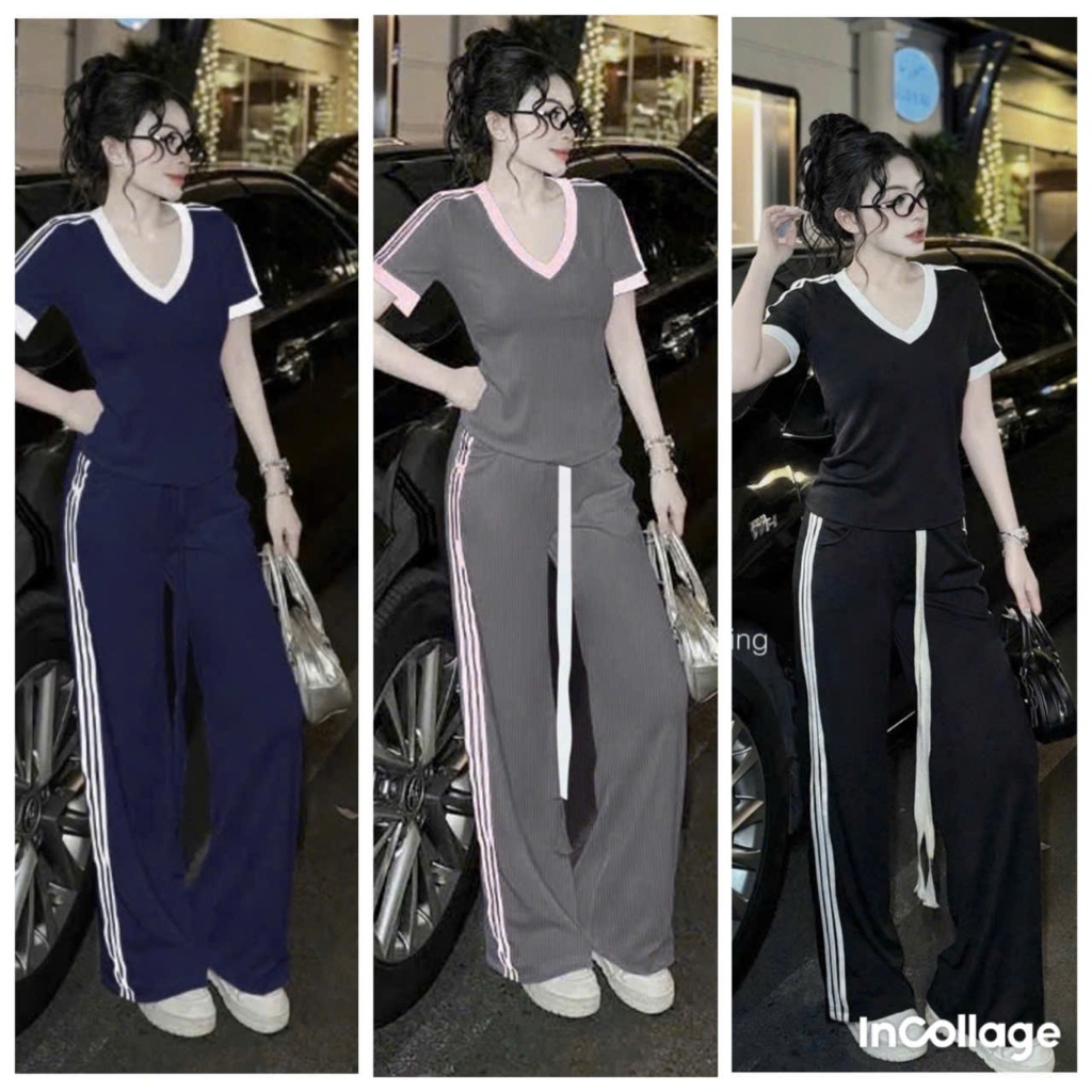 Set Bộ Thể Thao, ÁO CỔ TIM PHỐI VIỀN MIX QUẦN SUÔNG THOẢI MÁI NĂNG ĐỘNG BIGSIZE 2 MÀU Women Top | BigBuy360 - bigbuy360.vn