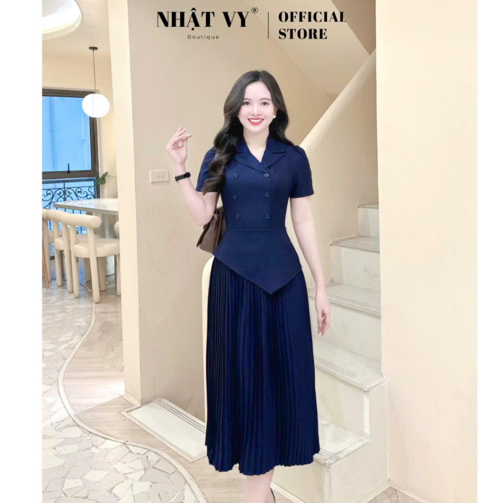 Đầm công sở Nhật Vy peplum cổ vest đính nút kiểu chất lụa phù hợp đi chơi - D3306