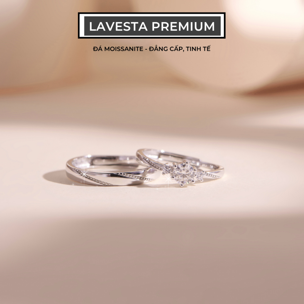 Nhẫn đôi nam nữ bạc xi bạch kim đá Moissanite kiểm định GRA LAVESTA KC95 Touch one's heart