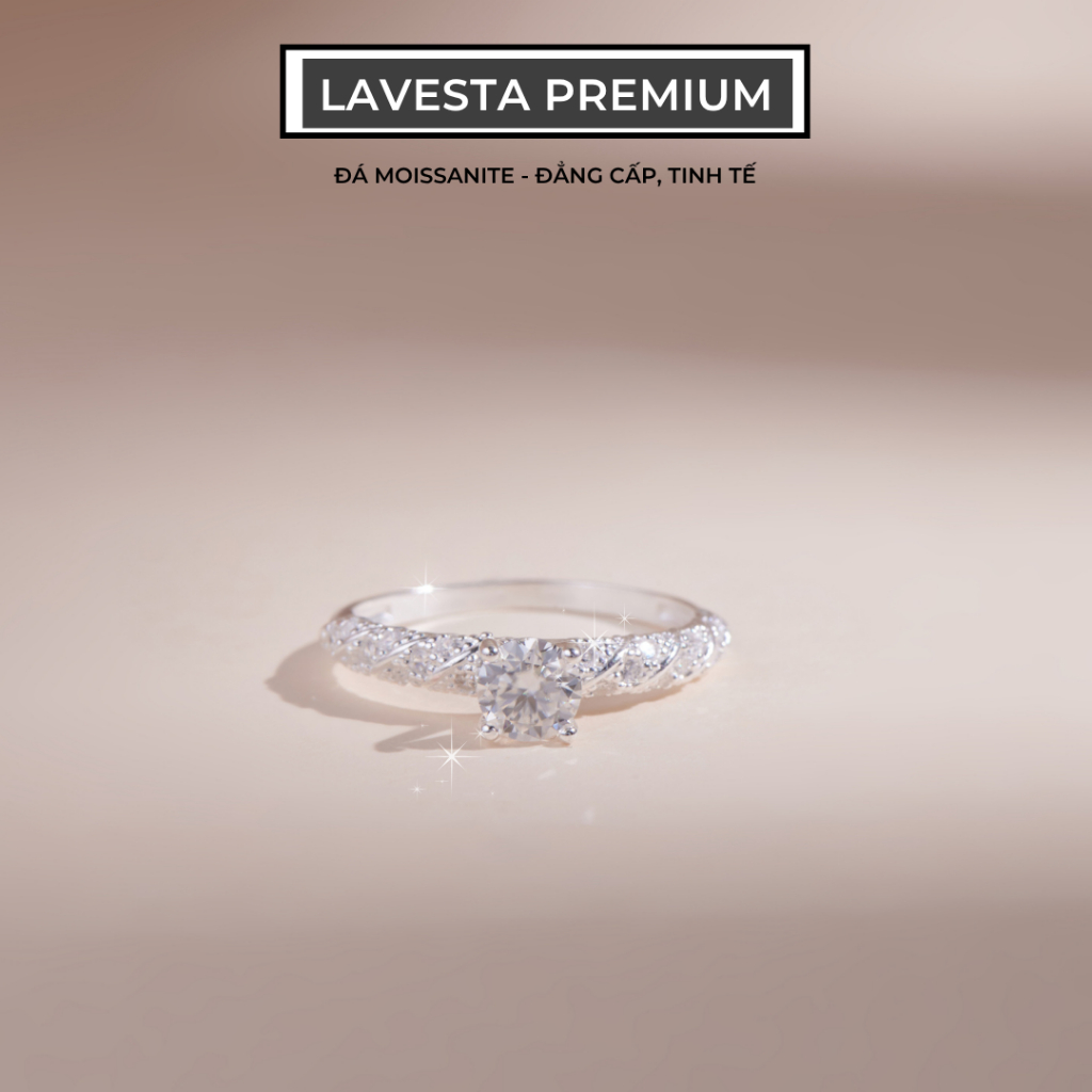 Nhẫn nữ bạc xi bạch kim đá Moissanite 5 ly kiểm định GRA KC59 LAVESTA lấp lánh, sang trọng