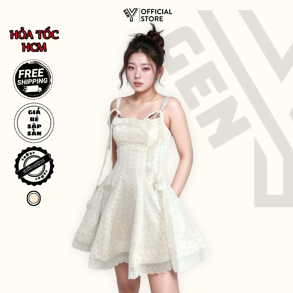 Đầm dự tiệc nữ quý phái GenY Đầm 2 dây hoa nhí dáng xoè phối ren tiểu thư – có lót, chất mát V21