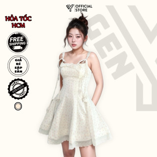 Đầm dự tiệc nữ quý phái GenY Đầm 2 dây hoa nhí dáng xoè phối ren tiểu thư – có lót, chất mát V21