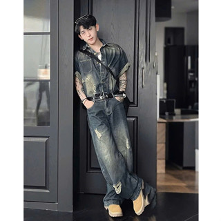 EB027 Set áo cộc tay xắn gấu đính cúc kim loại nổi bật quần jeans rách thời trang cá tính