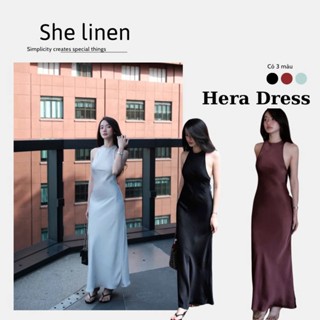 HERA DRESS- Đầm Lụa Dài Cổ Yếm Khoét Vai She Linen