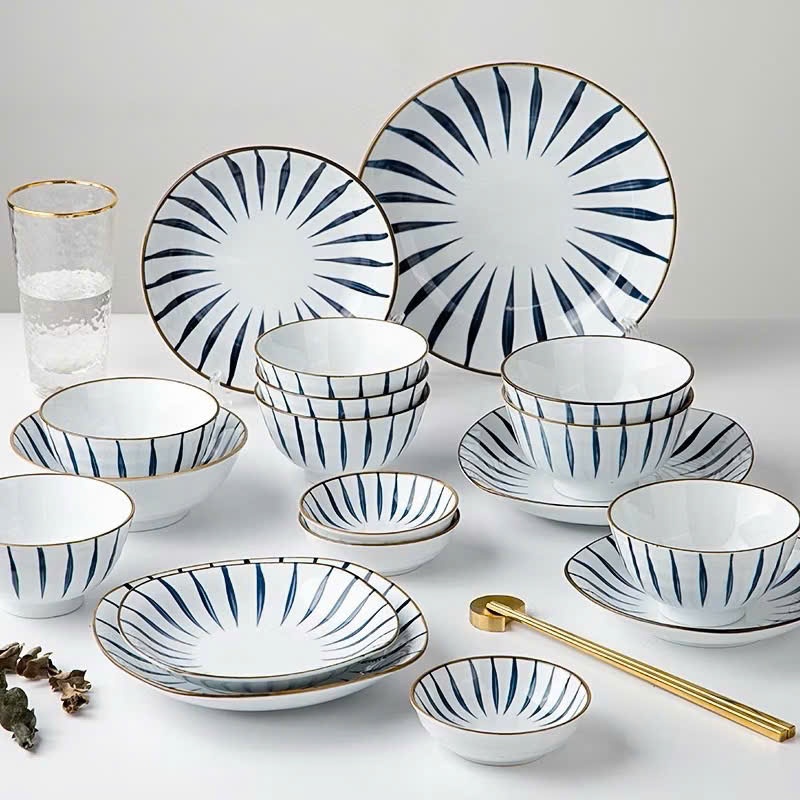 [Bán Lẻ] Bộ Bát Đĩa Sứ Bát Đĩa Ăn Cơm Sứ Hoạ Tiết Lá Trúc Xanh Viền Vàng