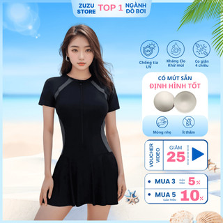 Đồ bơi nữ liền thân một mảnh kèm mút ZuZu có khóa kéo phối viền trắng form váy có quần bảo hộ