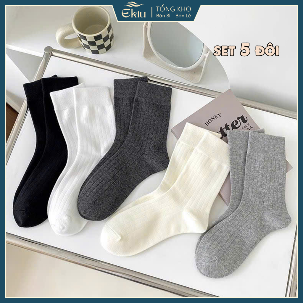 Tất vớ nam nữ cổ trung set 5 đôi tone lạnh, phong cách Hàn Quốc dễ phối đồ - Ekiu Shop