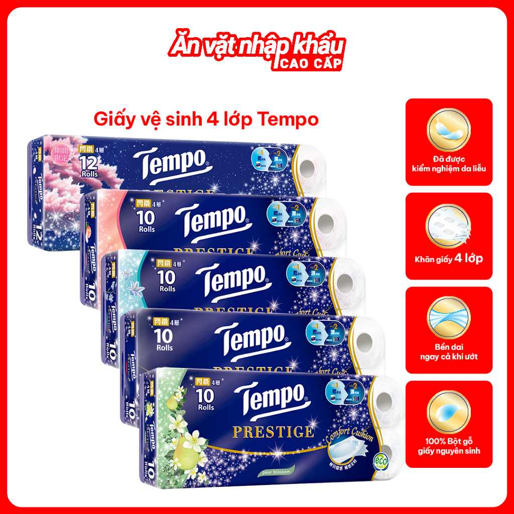 [1 LỐC GVS 4 LỚP] Giấy Vệ Sinh Prestige TEMPO Bền Dai Diệt Khuẩn - Thương Hiệu Đức
