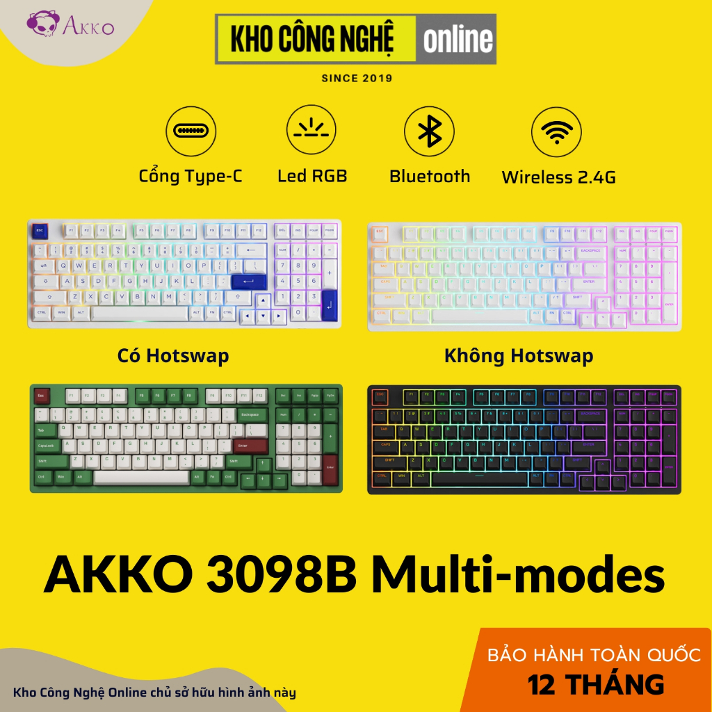 Bàn phím cơ AKKO 3098B Multi-modes (Led RGB / Bluetooth / Wireless 2.4G / Hotswap) - Hàng Chính Hãng