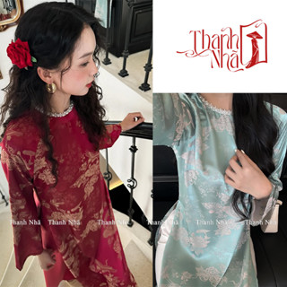 Áo dài cách tân lụa gấm cao cấp Minh Châu đính vòng ngọc trai bắt trend, áo dài hai tà dáng suông - Áo dài Thanh Nhã