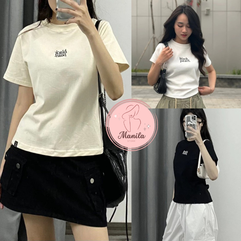 Áo cộc nữ áo thun nữ cổ tròn thêu BLACK PEARL Chất Cotton mát - MA142 MANILA