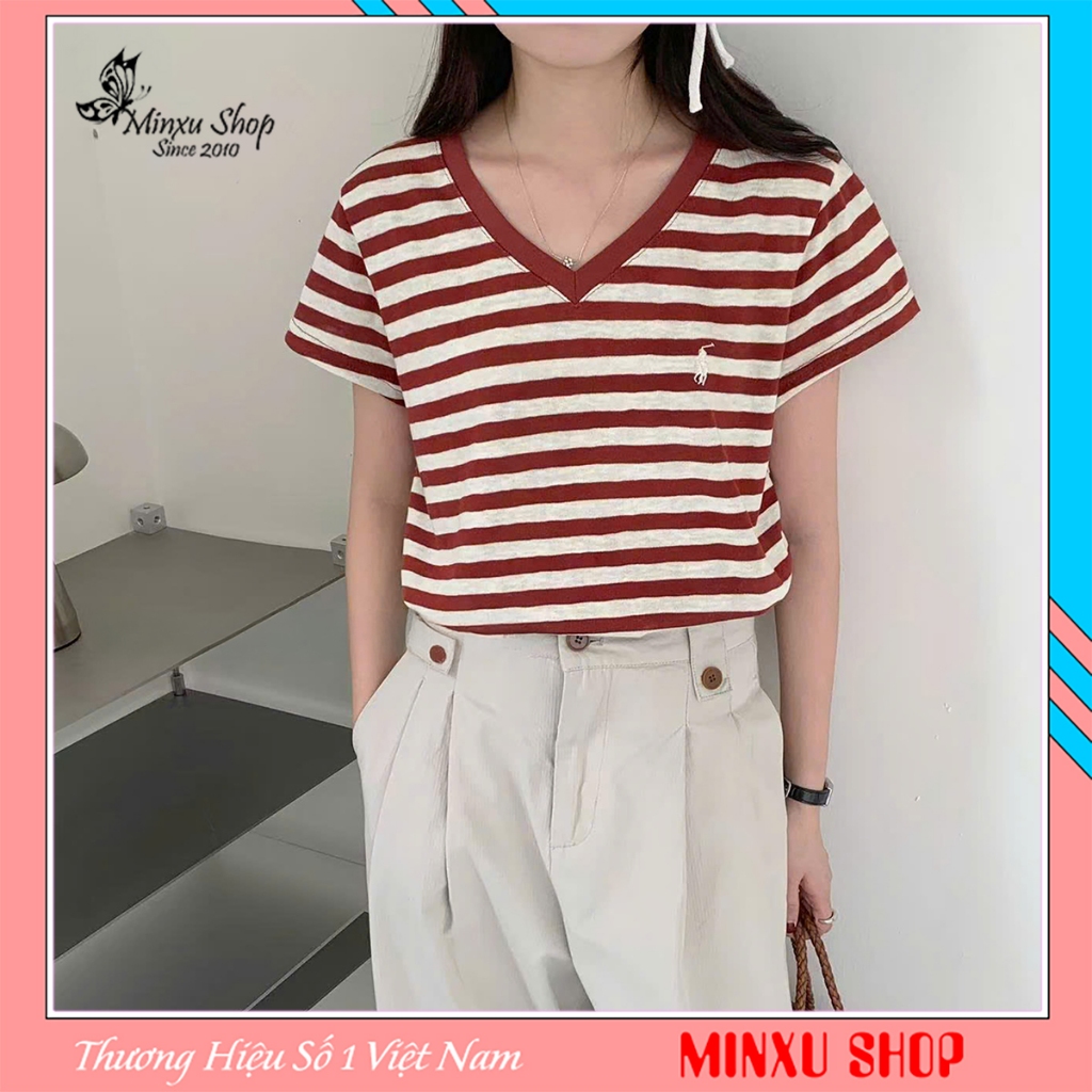 Áo Phông Giấy Cổ Tim Kẻ Sọc Thêu Ngựa Hàng QC Minxu Shop CK83