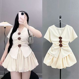 Áo bigsize nữ thun kiểu tiểu thư tay ngắn đính hoa xinh phối chân váy tùng xòe có lót trong cho nàng chuppy -A275+CV13