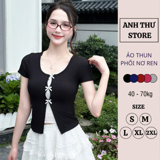 Áo Thun Nữ Tăm Lạnh Cổ Tròn Viền Ren Thiết Kế Layer 2 Lớp Đính Nơ BigSize, Áo Phông Ôm Body Cộc Tay Nơ Ren Điệu Đà 426