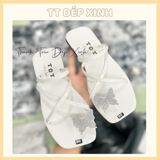 Dép lê nữ, dép xẹp xỏ ngón nữ gắn bướm đính đá quai dây chéo