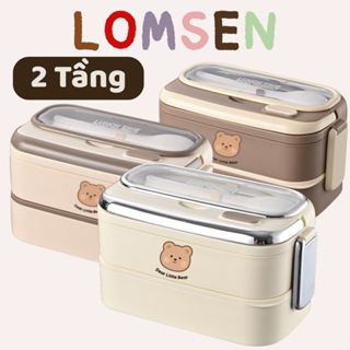 Hộp cơm giữ nhiệt 2 tầng inox 304 LOMSEN - hộp đựng cơm dung tích 1400ml (Tặng Muỗng + Đũa nhựa)