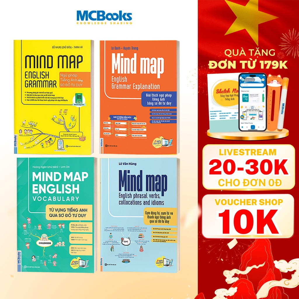 Sách - Bộ 4 Cuốn MindMap English Tự Học Tiếng Anh Cho Người Mới Bắt Đầu MCBooks (Lẻ Tùy Chọn)