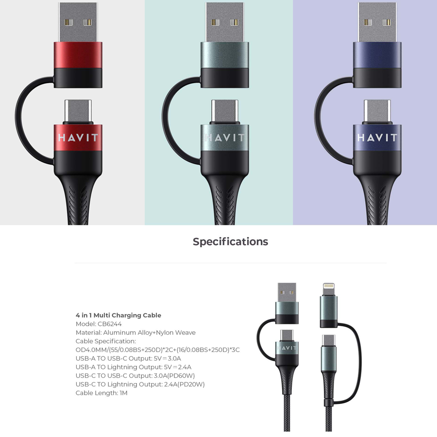 Cáp Sạc Nhanh 4in1 HAVIT CB6244, Sạc Nhanh PD 60W, Độ Dài 1m - BH 12 Tháng | BigBuy360 - bigbuy360.vn