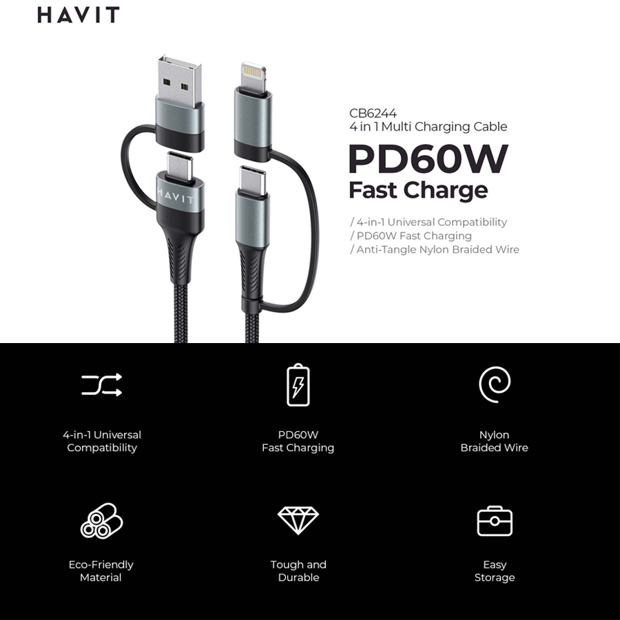 Cáp Sạc Nhanh 4in1 HAVIT CB6244, Sạc Nhanh PD 60W, Độ Dài 1m - BH 12 Tháng | BigBuy360 - bigbuy360.vn